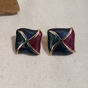 Vintage Enamel Earrings Square Stud‎ Gold Tone Statement Jewelry